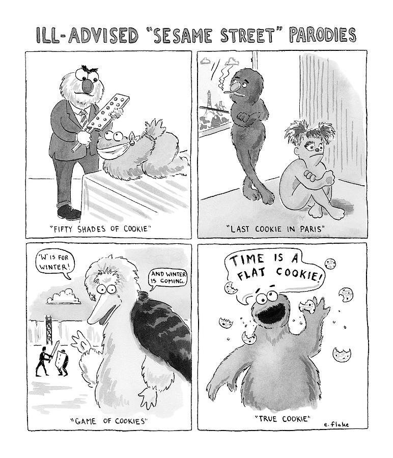 A Panel Of Ill-advised Sesame Street Parodies -- Drawing by Emily Flake