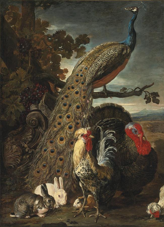 Turkey Painting - A Peacock Turkey Rabbits And Cockerel In A Landscape by Celestial Images
