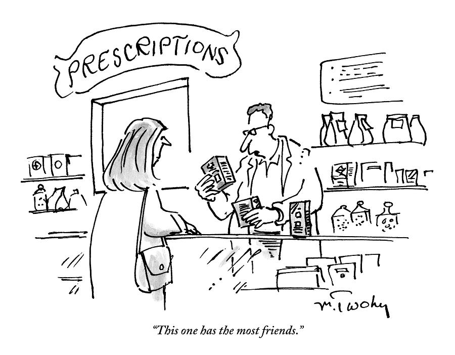 A Pharmacist Hands A Drug To A Woman Drawing by Mike Twohy