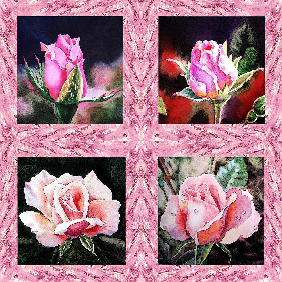 A Pink Quartet Of Single Roses Painting
