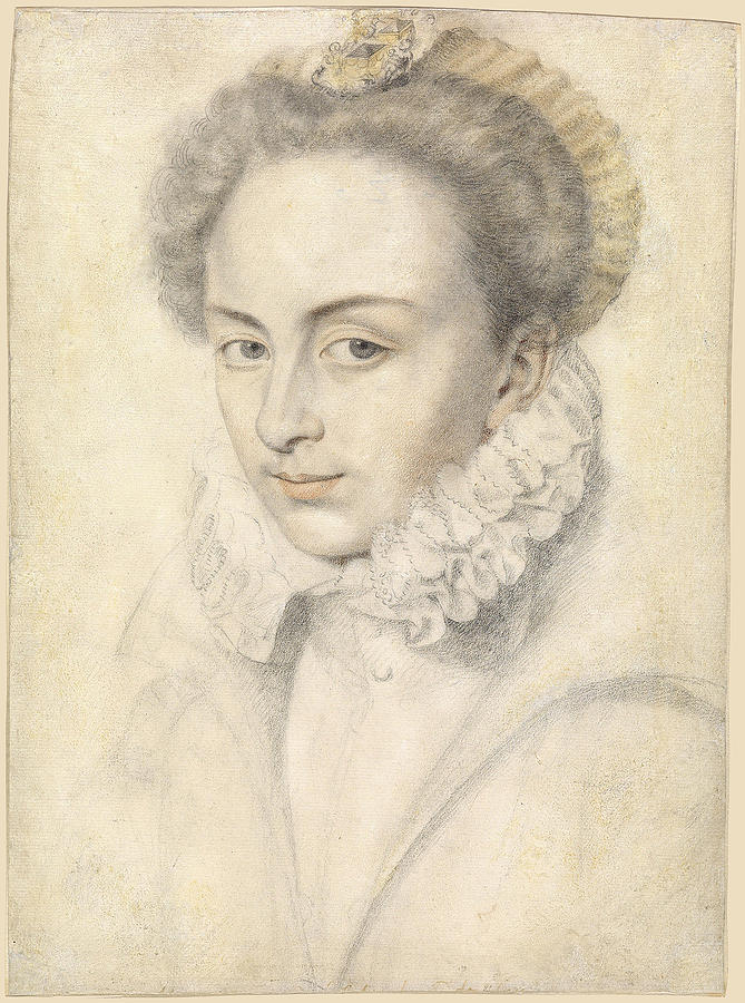 A portrait of a young woman in a ruffled collar Drawing by Daniel Dumonstier