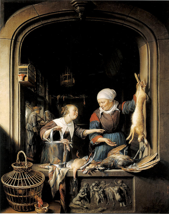 Gerrit Dou Painting - A Poulterers Shop by Gerrit Dou