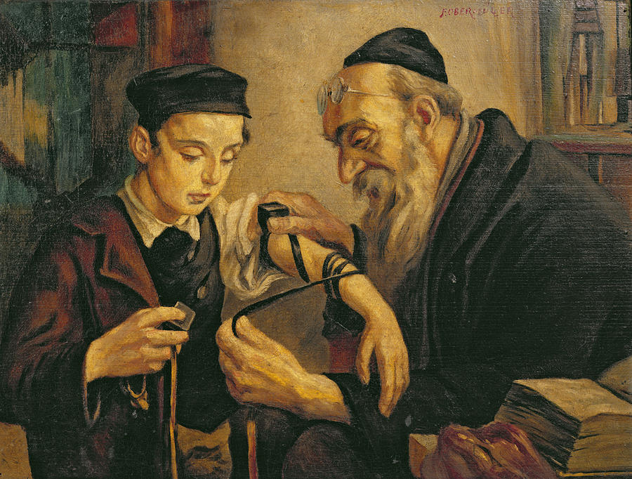 Phylactery Painting - A Rabbi Tying The Phylacteries by Jewish School