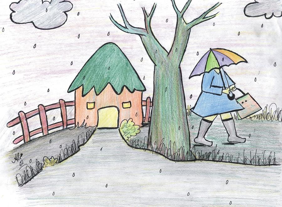 How to Draw Happy Rainy Day Village Scene for Kids | Simple Painting of Monsoon  Season Step by Step | Rainy day drawing, Easy paintings, Rainy day