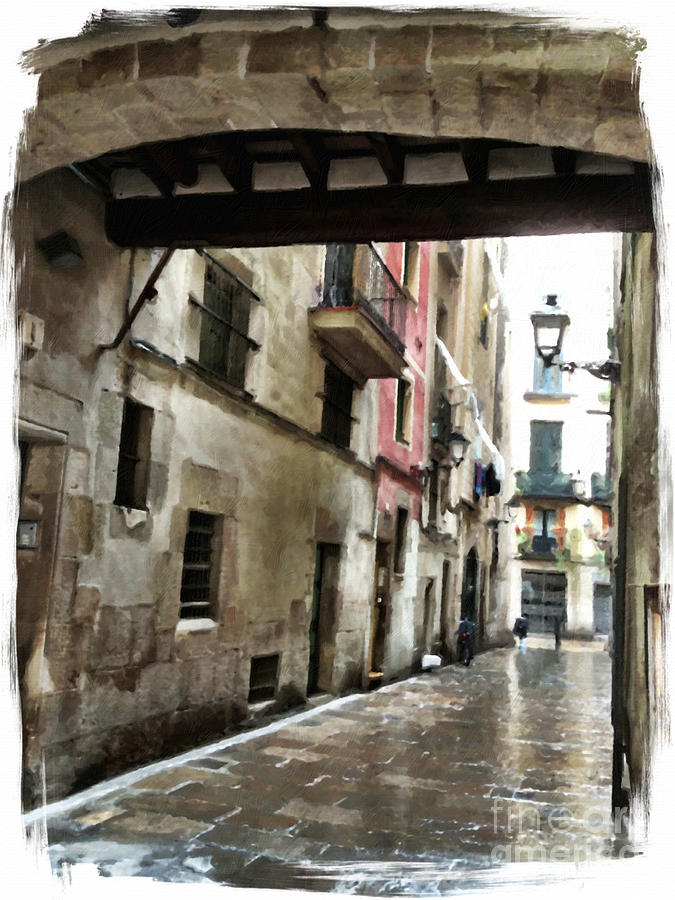 a rainy street in Barcelona  Mixed Media by Lauren Serene