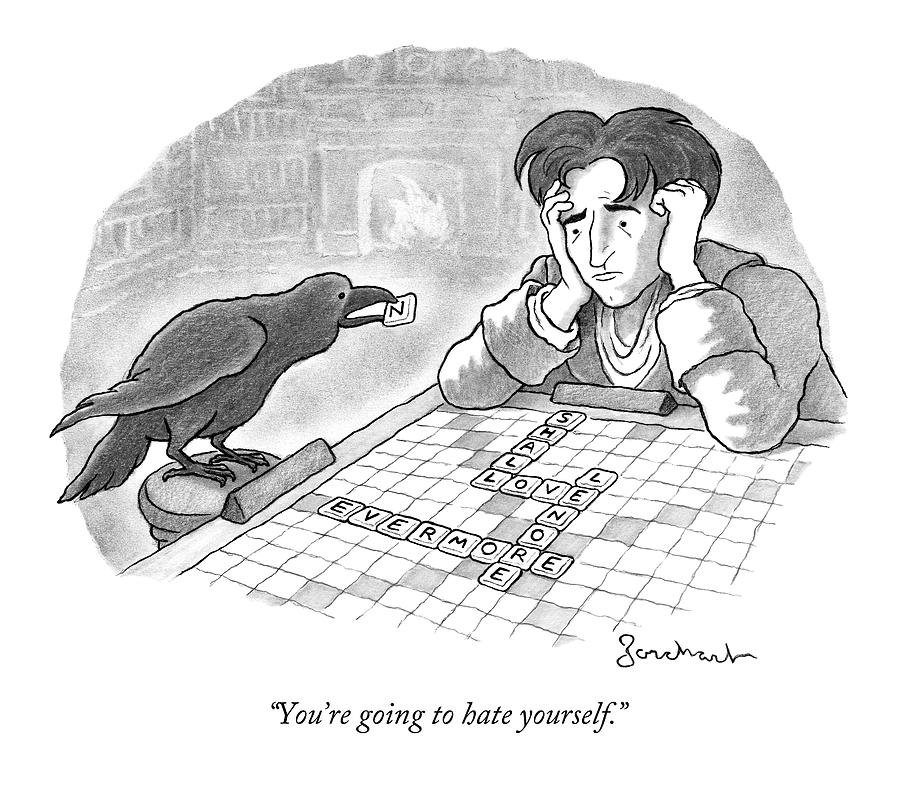 Scrabble Drawing - A Raven Is About To Add An N To The Word Evermore by David Borchart