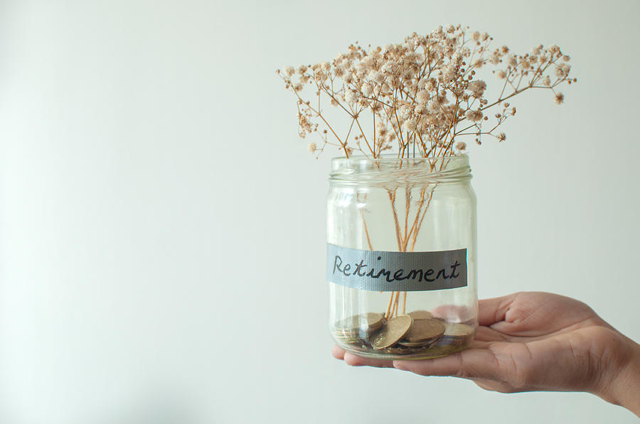 A retirement concept jar with coins and dried plant Photograph by Karl Tapales