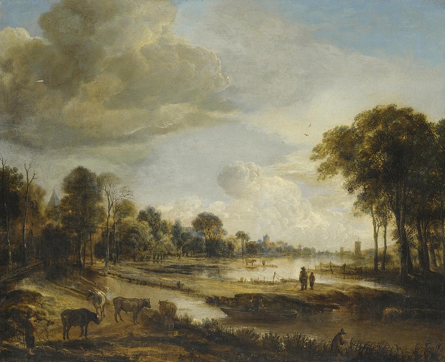 A River Landscape with Figures and Cattle Painting by Gianfranco Weiss