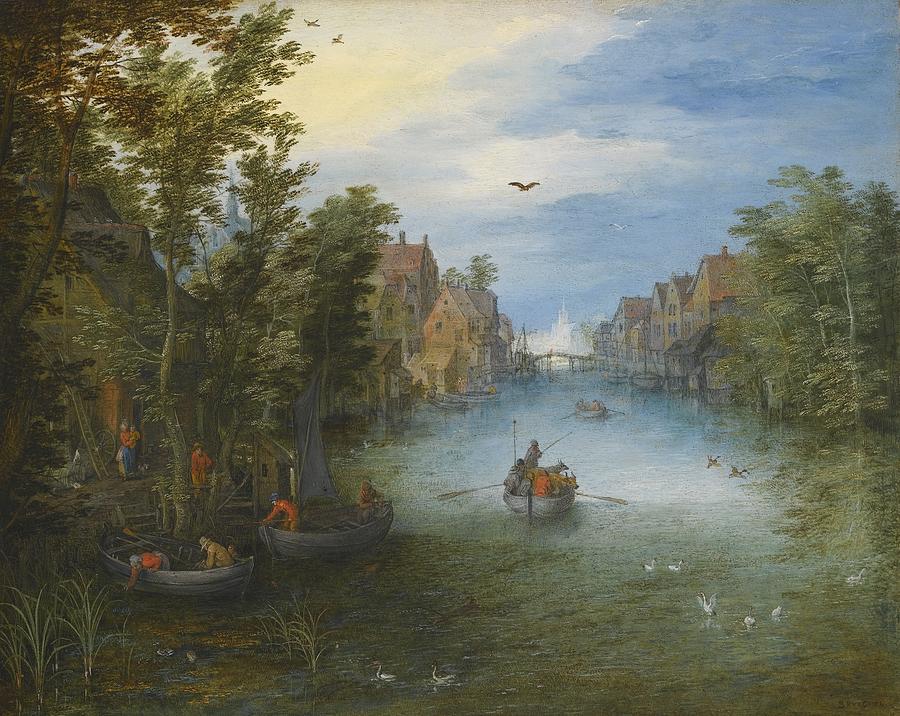 Jan Brueghel The Elder Painting - A River Running Through A Small Town by Celestial Images