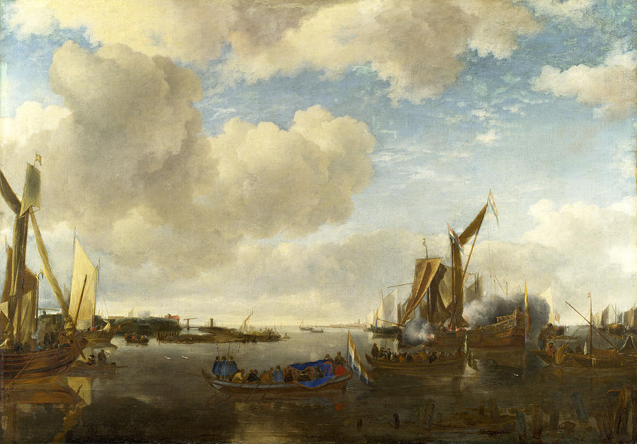 A River Scene with a Dutch Yacht firing a Salute Painting by Jan van de Cappelle