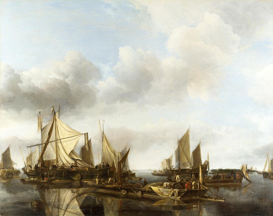A River Scene with a Large Ferry Painting by Jan van de Cappelle