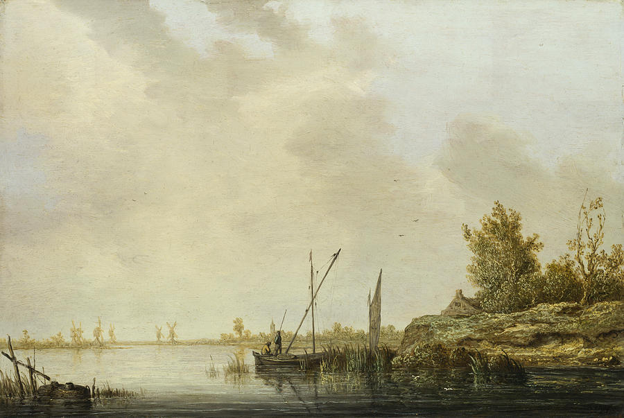 A River Scene with Distant Windmills Painting by Aelbert Cuyp