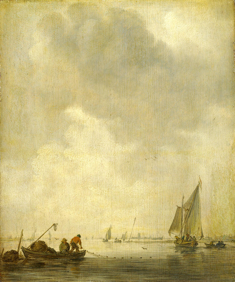 A River Scene with Fishermen laying a Net Painting by Jan van Goyen