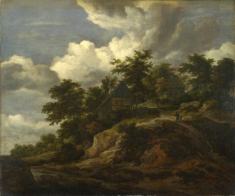 A Rocky Hill with Three Cottages a Stream at its Foot Painting by Jacob Isaacksz van Ruisdael