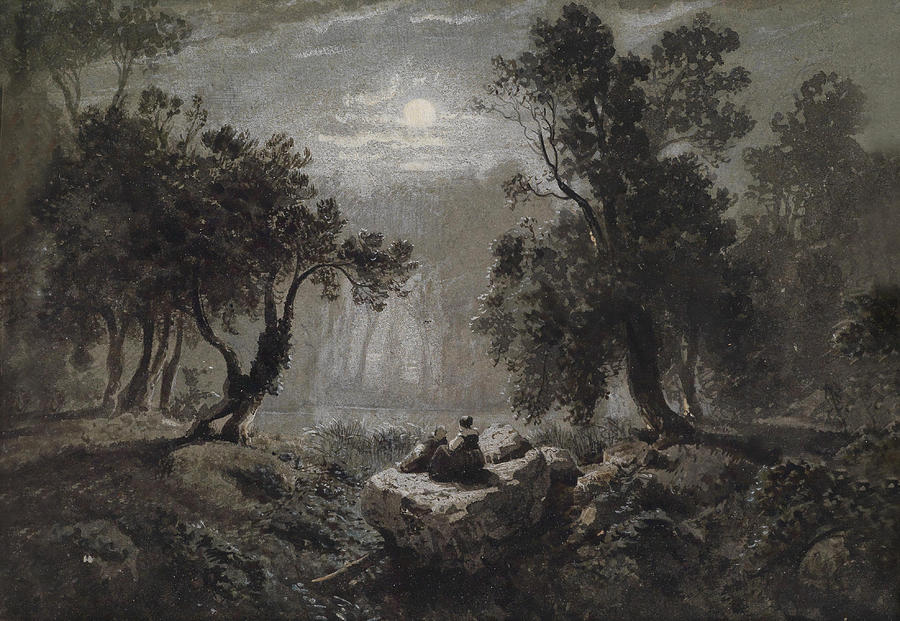 A romantic wood landscape at moonlight Painting by Oswald Achenbach