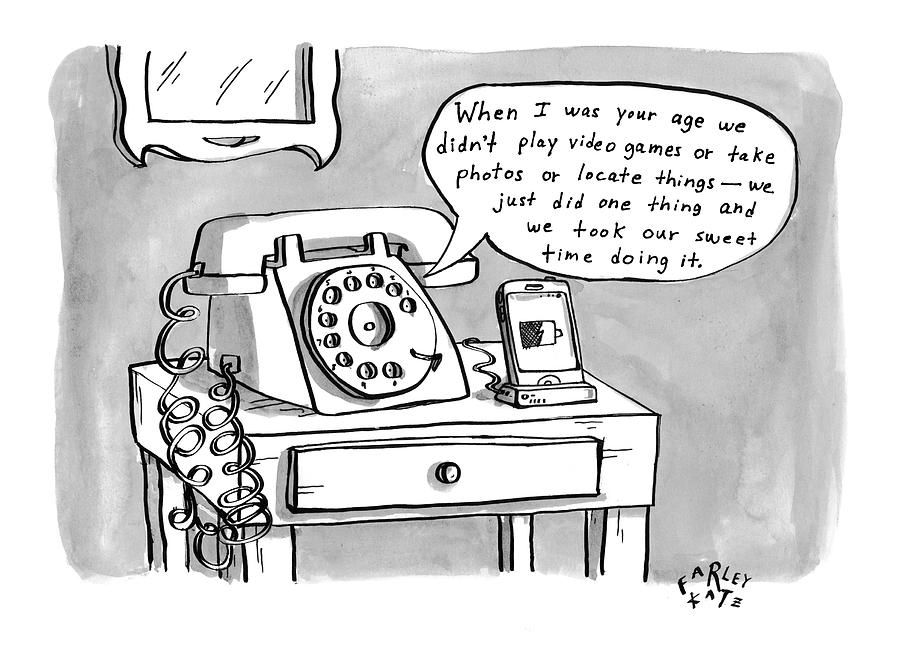 A Rotary Telephone Addresses A Smartphone When Drawing by Farley Katz