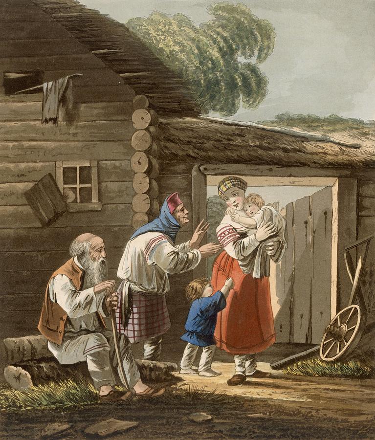A Russian Peasant Family, 1823 Drawing by English School