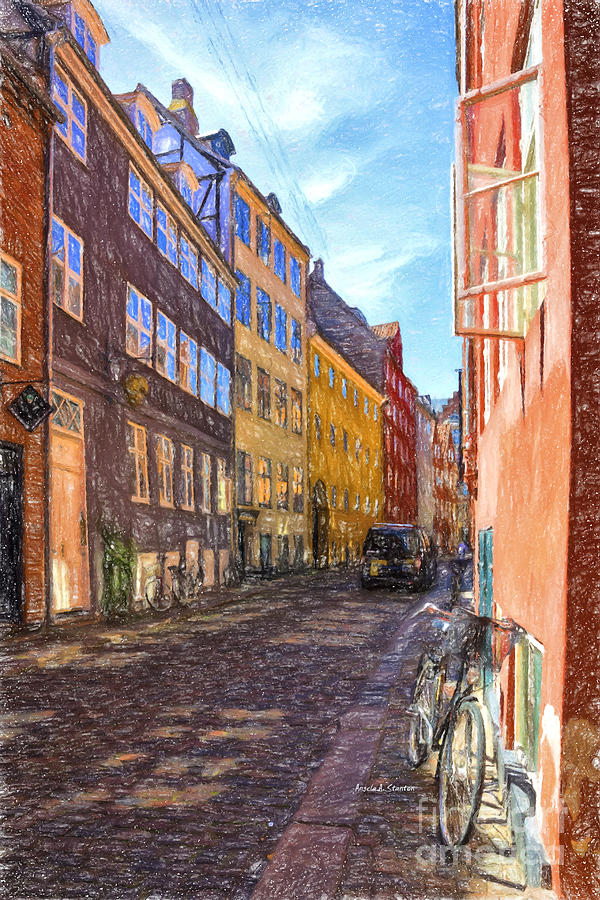 Pencil Sketch Drawing - A Scandinavian Street by Angela Stanton