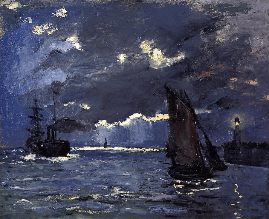 A Seascape Shipping by Moonlight Painting by Claude Monet