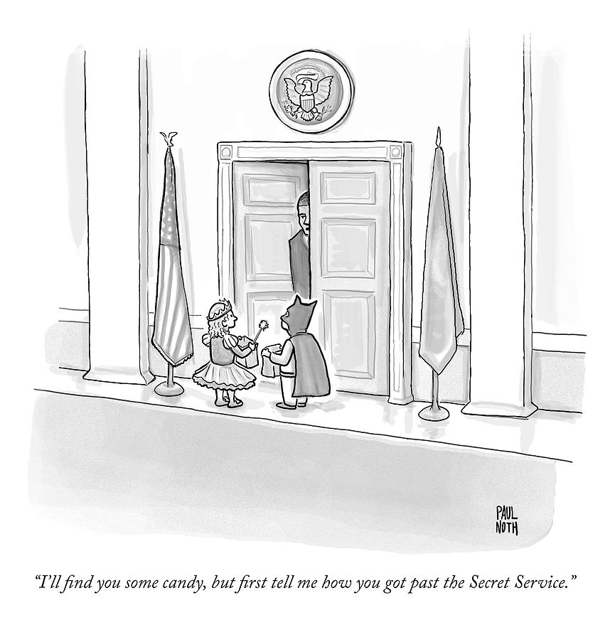 A Secret Service Agent Speaks To Two Children Who Drawing by Paul Noth