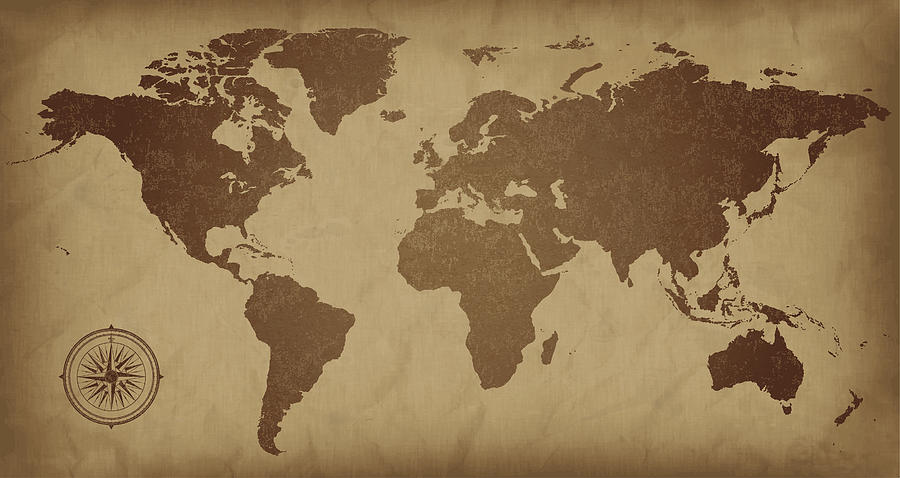 A sepia colored vintage world map, with a compass detail  Drawing by Chipstudio