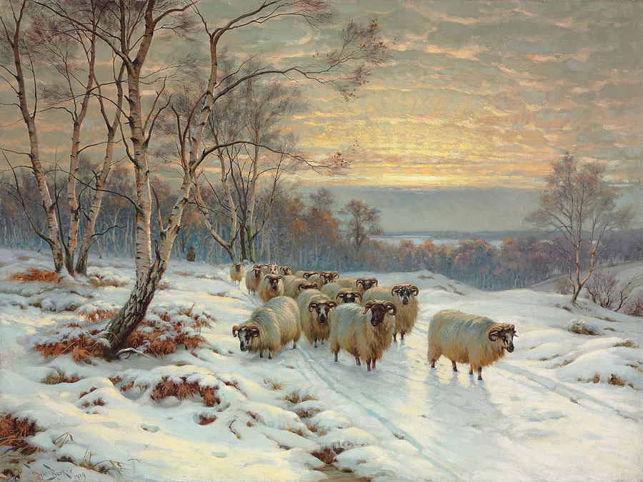 A Shepherd with his Flock in a Winter Landscape Painting by Wright