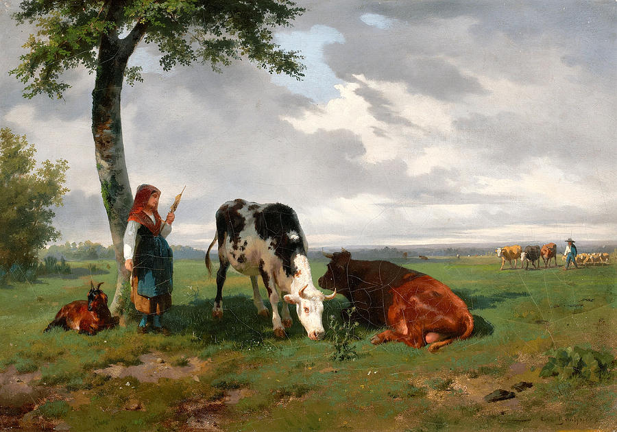 A shepherdess with a goat and two cows in a meadow Painting by Rosa Bonheur