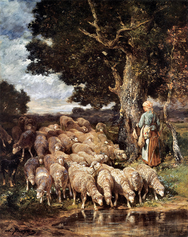 Vintage Digital Art - A Shepherdess with her Flock near a Stream by Charles Emile Jacque