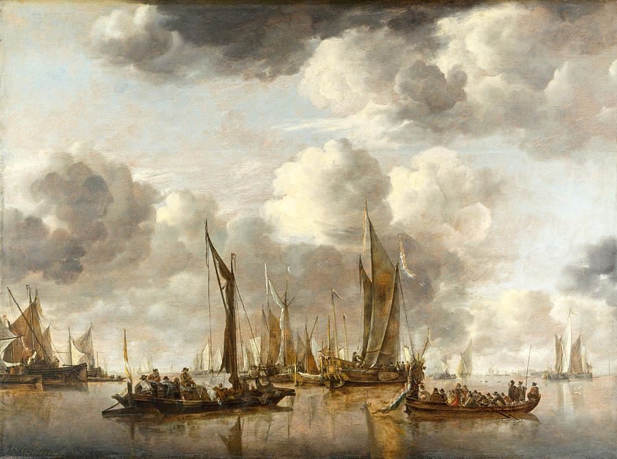 A Shipping Scene with a Dutch Yacht firing a Salute Painting by Jan van de Cappelle