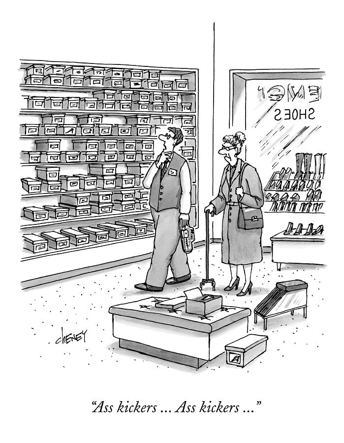 Shoes Drawing - A Shoe Salesman Browses The Selection Of Shoes by Tom Cheney