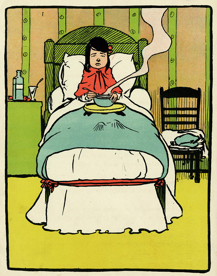 A Sick Girl In Bed Drinks A Bowl Of Hot Drawing by Mary Evans Picture