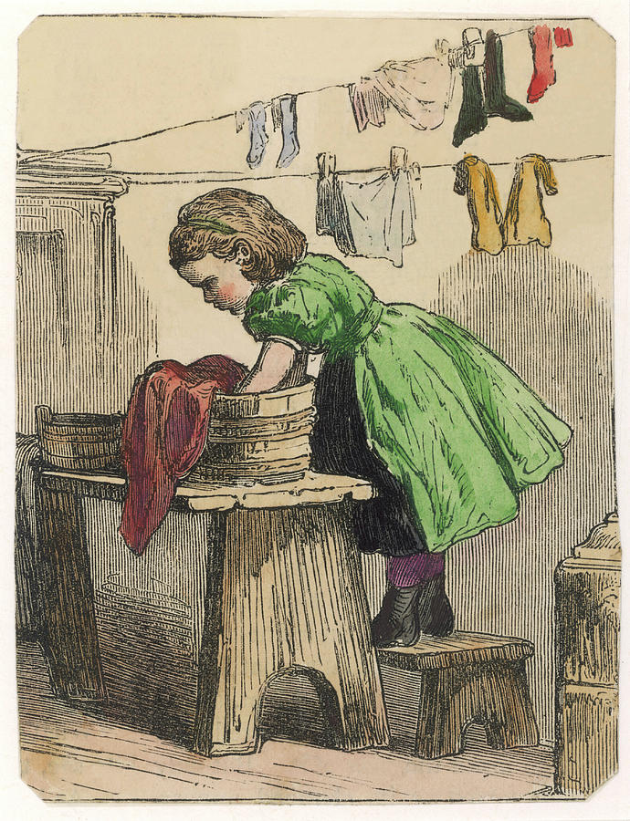 A Girl Spring Cleans Her Dolls' House Drawing by Mary Evans