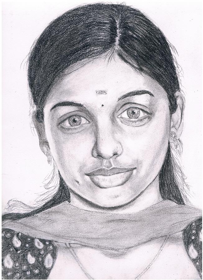Girl Portrait Drawing - A south Indian girl by Bindu N