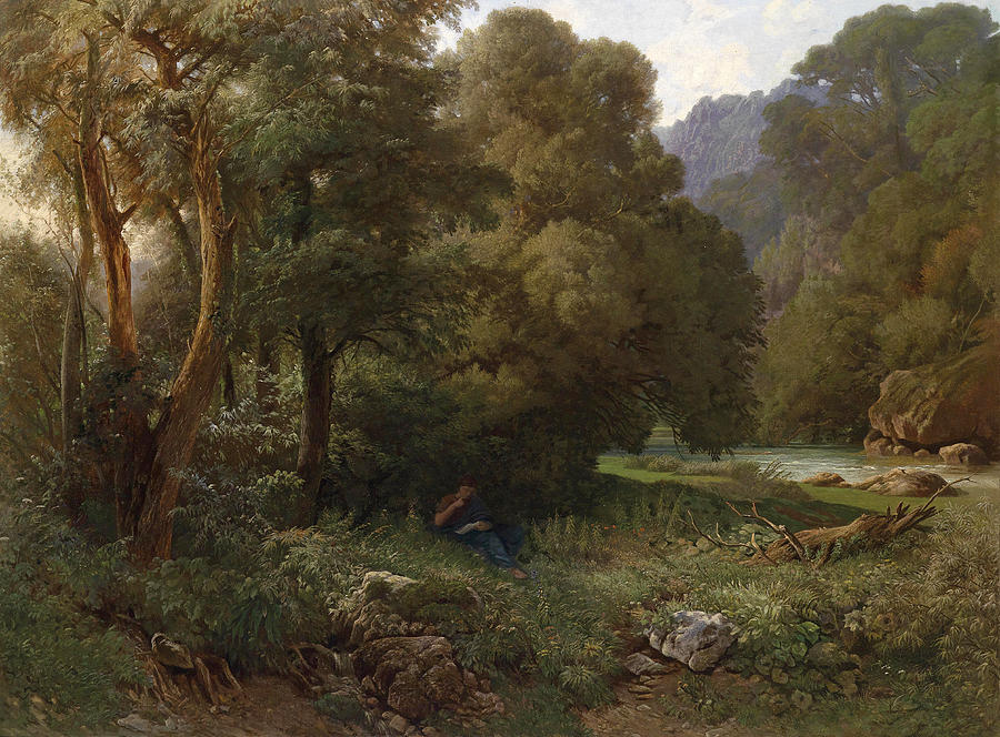 A southern mountain landscape with a river and a young woman reading Painting by Heinrich Dreber