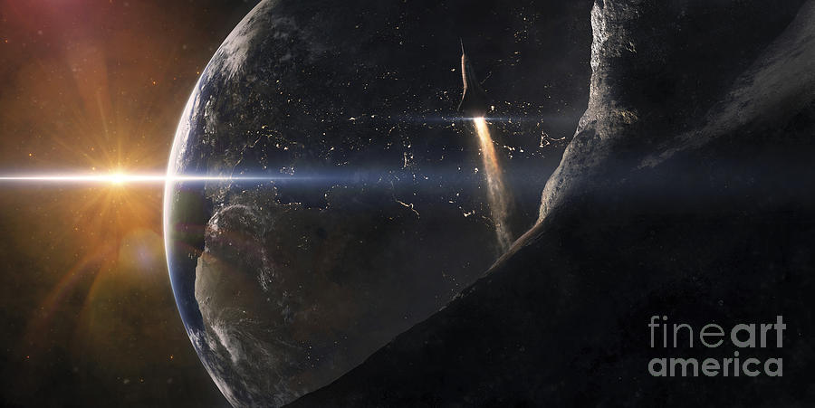 A Space Shuttle Flying Over An Asteroid Digital Art by Tobias Roetsch