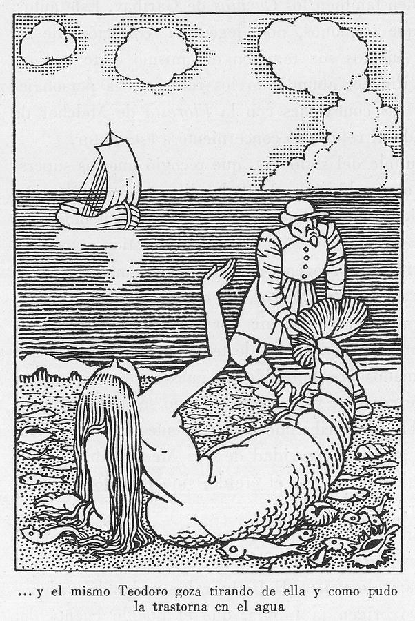 Mermaid Drawing - A Spanish Fisherman Nets A  Mermaid by Mary Evans Picture Library