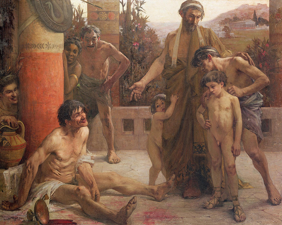 A Spartan points out a drunken slave to his sons Painting by Fernand Sabbate