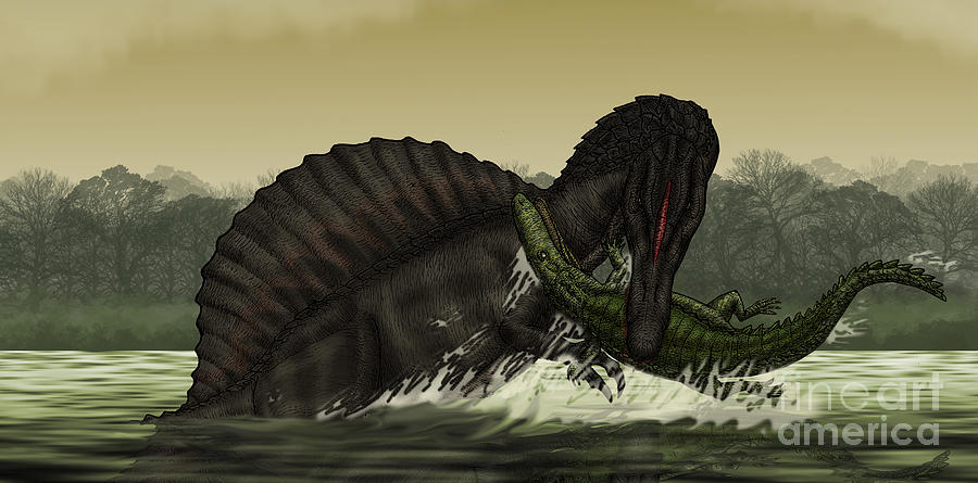 Wildlife Digital Art - A Spinosaurus Catches A Young by Vitor Silva