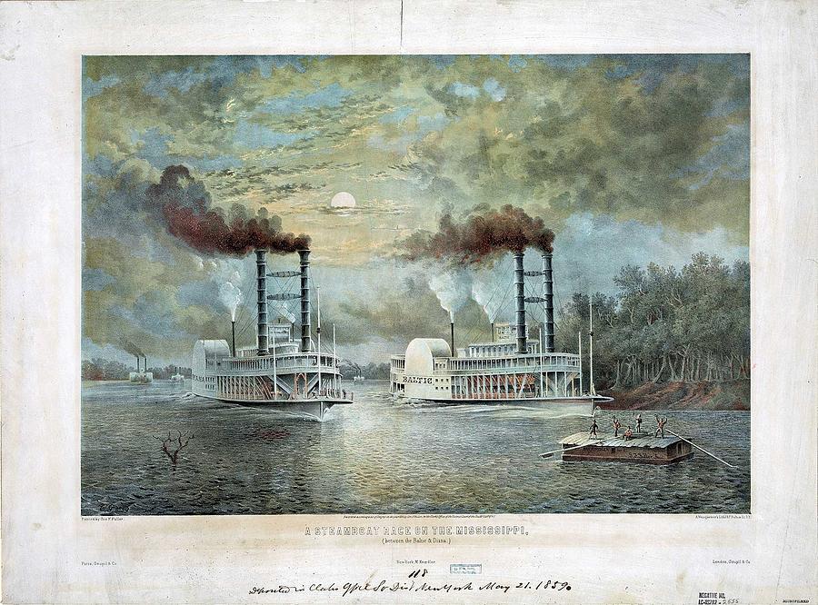 A steam boat race on the mississippi between baltic and diana Painting by MotionAge Designs