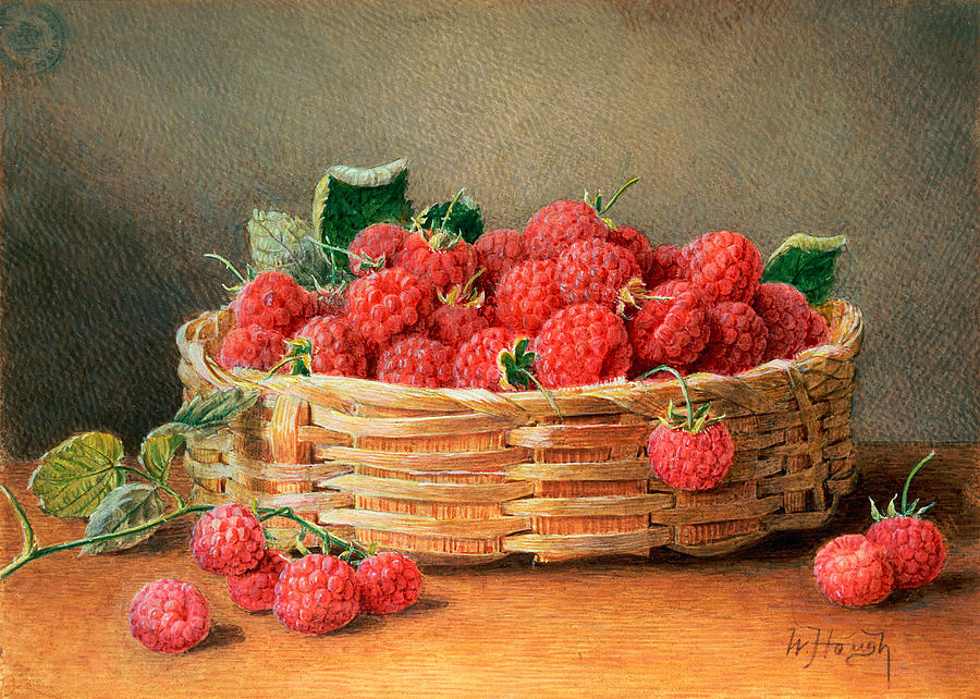 Still Life Painting - A Still Life of Raspberries in a Wicker Basket  by William B Hough