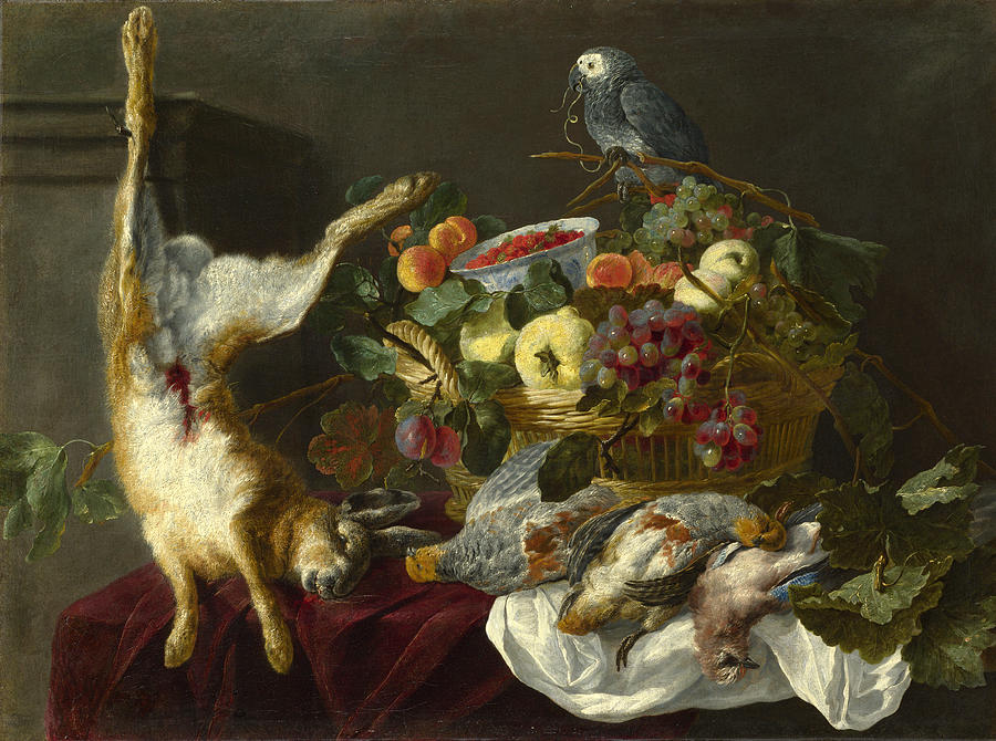 A Still Life with Fruit Dead Game and a Parrot Painting by Jan Fyt