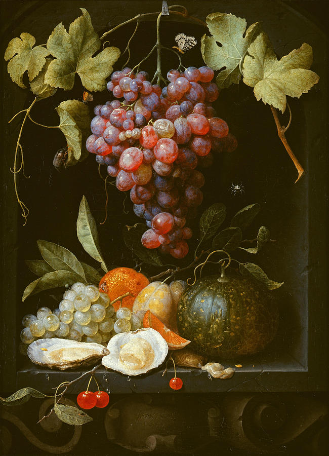 A Still Life with Grapes a Melon an Orange Plums and Oysters in a stone ...