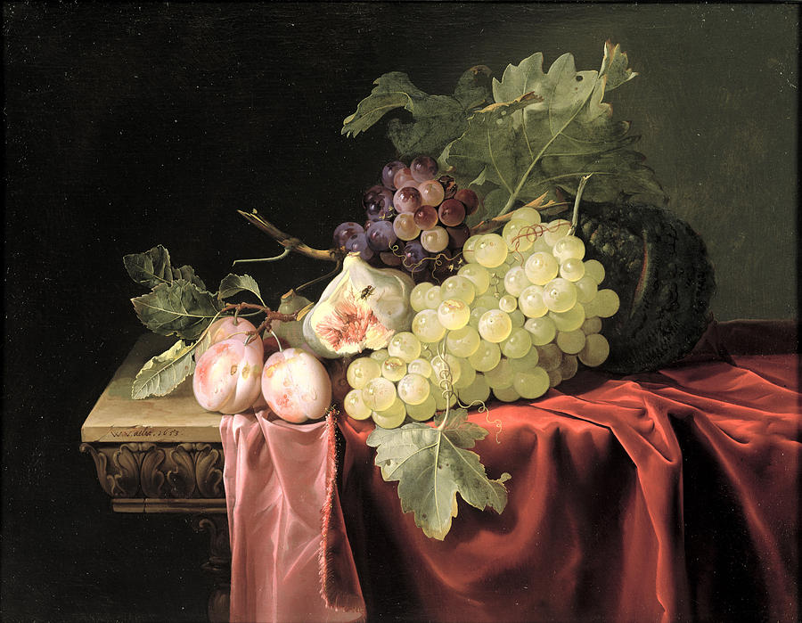 A Still Life With Grapes, Plums, Figs And A Melon On A Partly Draped Stone Ledge, 1653 Oil On Canvas Photograph by Willem van Aelst