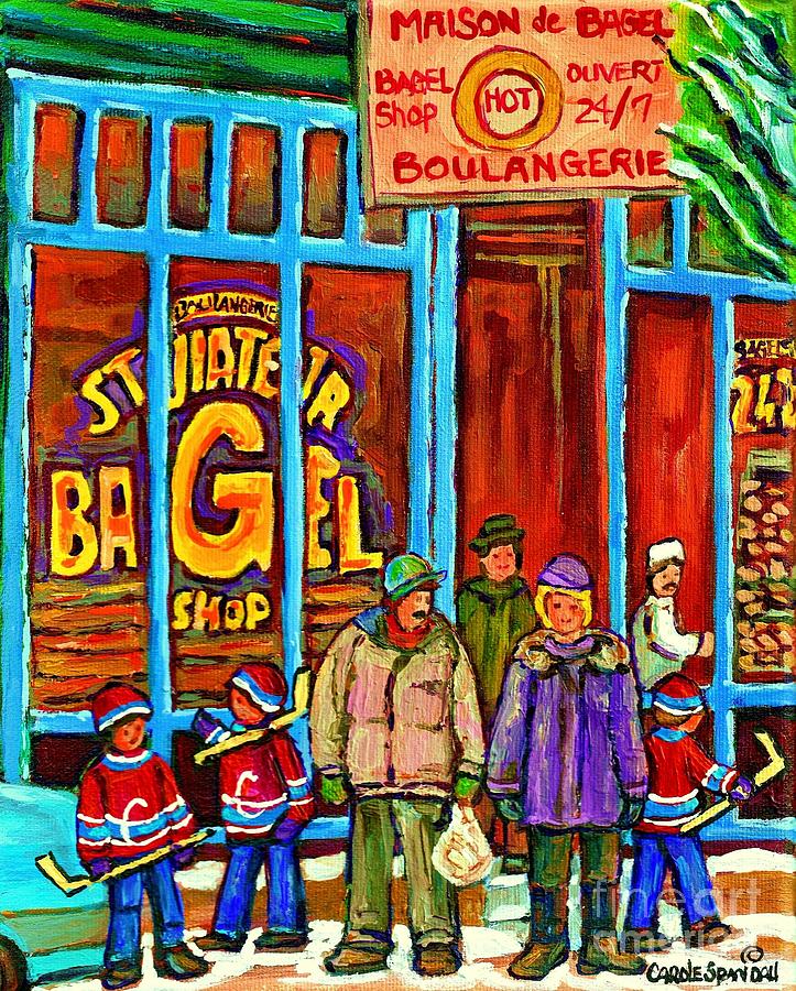 A Stroll After The Hockey Game St Viateur Bagel Montreal Winter Street Carole Spandau Painting by Carole Spandau