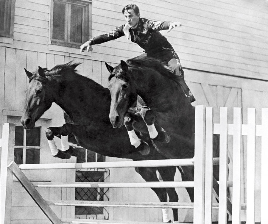 A Stunt Rider On Two Horses. Photograph by Underwood Archives