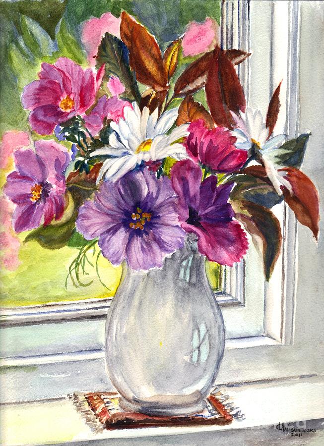 A Vase of Cosmos and Daisies Painting by Carol Wisniewski