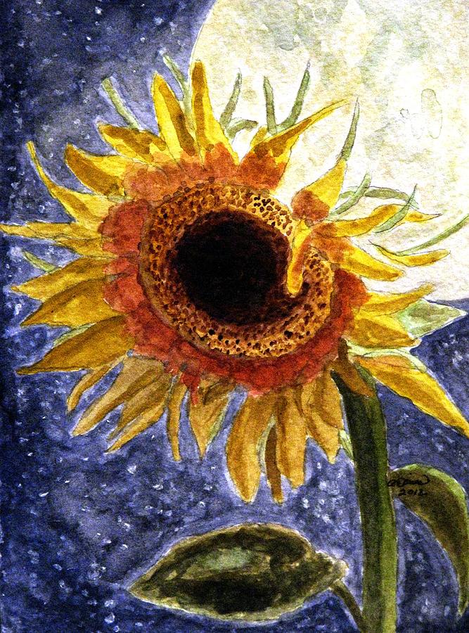 Sunflower Painting - A Sunflower In The Moonlight by Angela Davies