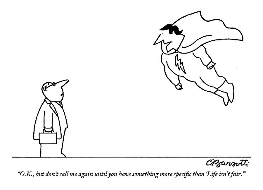 A Superhero Hovers In Front Of A Normal-looking Drawing by Charles Barsotti