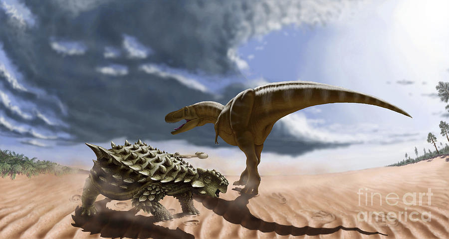 Wildlife Digital Art - A Tarbosaurus Dinosaur And An Armored by Yuriy Priymak