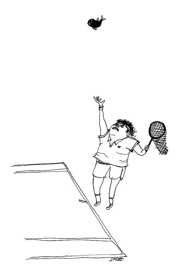 A Tennis Player Holds A Fishing Net Instead Drawing by Edward Steed